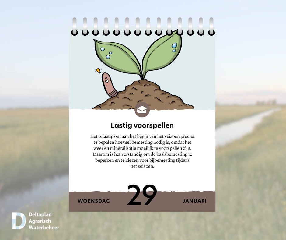 Tip van vandaag uit de #Bodemscheurkalender: beperk de basisbemesting, want het weer en de mineralisatie zijn lastig te voorspellen. Kies in plaats daarvan voor bijbemesting tijdens het seizoen!🌱