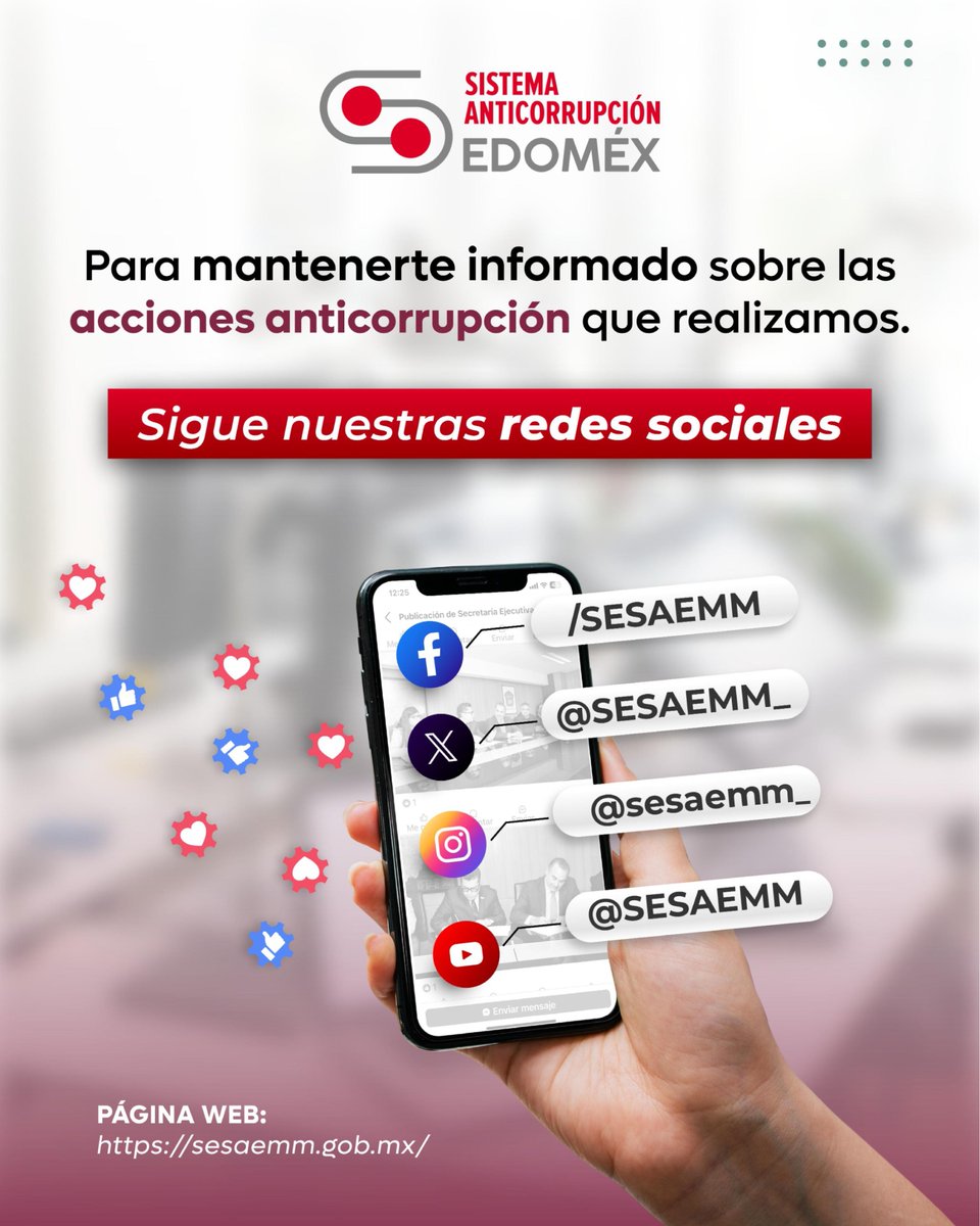 SESAEMM_'s tweet photo. ¿Ya nos sigues? 📲 Infórmate sobre todo lo que hace el #SistemaAnticorrupciónEdoMéx y su Secretaría Ejecutiva para fortalecer el combate a la corrupción en nuestra entidad a través de nuestras redes sociales. https://t.co/EoUb7bOwOk