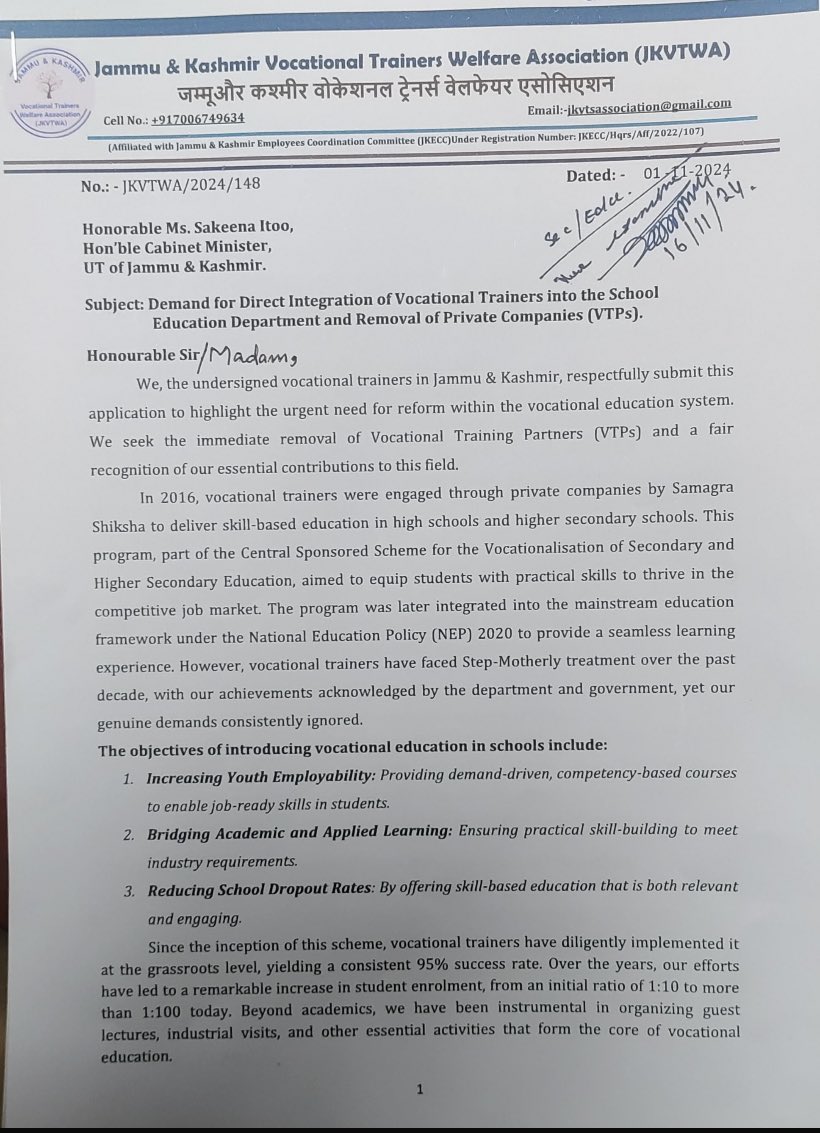 PscCwc's tweet photo. We urge Hon,ble CM ,Deputy CM and Minister for Education Muss Sakina Itto Ji to consider the demand and take concrete steps to address the issue of VTs @OmarAbdullah @sakinaitoo &amp; @Surinderch55 
@JKVTWA 
@DailyExcelsior1 
@GreaterKashmir 
@DsejMedia https://t.co/I5f66XI7YD