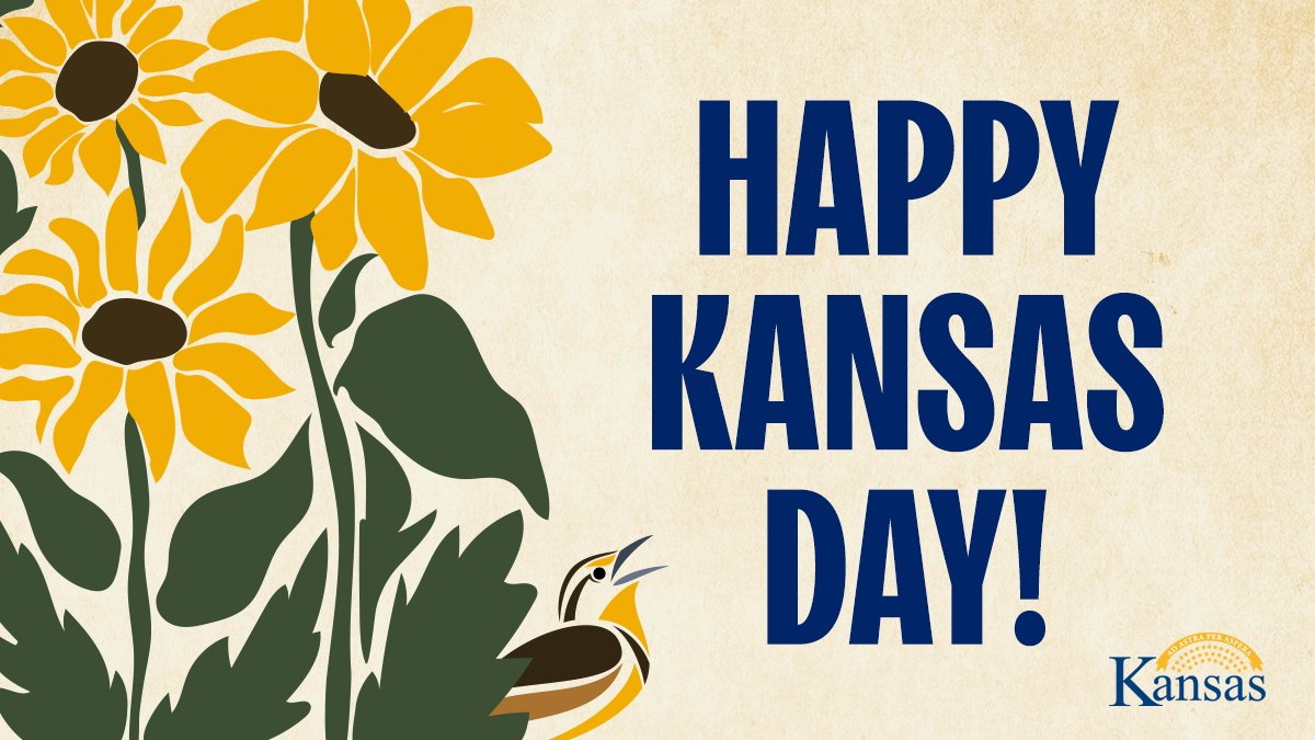 Today, we celebrate 164 years of Kansas statehood! As we reflect on our history, let's celebrate what makes Kansas unique. From our booming agricultural industry to our rolling sunflower fields, there's truly no place like Kansas. Ad Astra per Aspera, and happy #KansasDay! 🌻