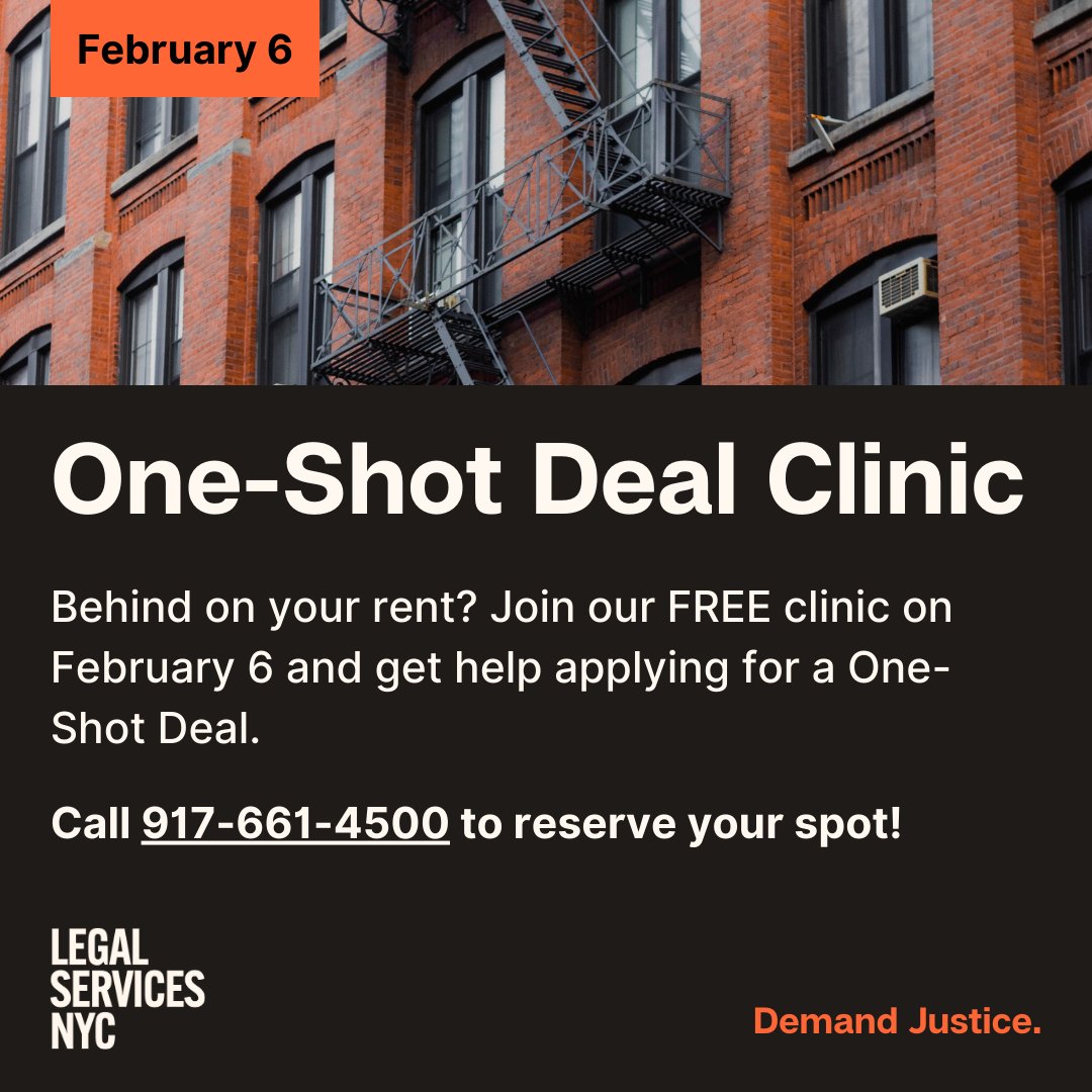 ATTENTION NEW YORK RENTERS: Behind on your rent and need help applying for rental arrears assistance? Join us on February 6 for our FREE virtual One-Shot Deal clinic. Call us at 917-661-4500 to reserve your spot today!