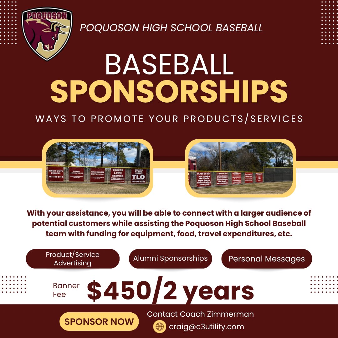 PoqBaseball's tweet photo. Looking to advertise your business and/or service(s)?
Allow Poquoson High School Baseball, to advertise your business for a STEAL of a price!
Contact Coach Zimmerman at craig@c3utility.com
#poquoson #PHS #bullislandersbaseball #youradhere #fundraising #localboys #reptheisland https://t.co/YcACeH5M43