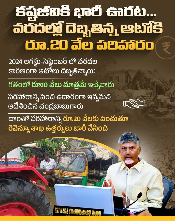 2020Team185441's tweet photo. రోజంతా ఆటో నడుపుకుంటేనే కానీ గడవని కష్టజీవులు వాళ్ళు. వరదలొచ్చి జీవనాధారమైన ఆటో దెబ్బతింది. నిబంధనల ప్రకారం ప్రభుత్వం పరిహారంగా పదివేలు ఇవ్వాలి. కానీ చంద్రబాబుగారు మానవతా దృక్పథంతో పరిహారాన్ని రెట్టింపు చేయమన్నారు. దాంతో ఆ ఆటో డ్రైవర్లకు భారీ ఊరట లభించింది.
#IdhiManchiPrabhutvam https://t.co/8TXuYiPJjW