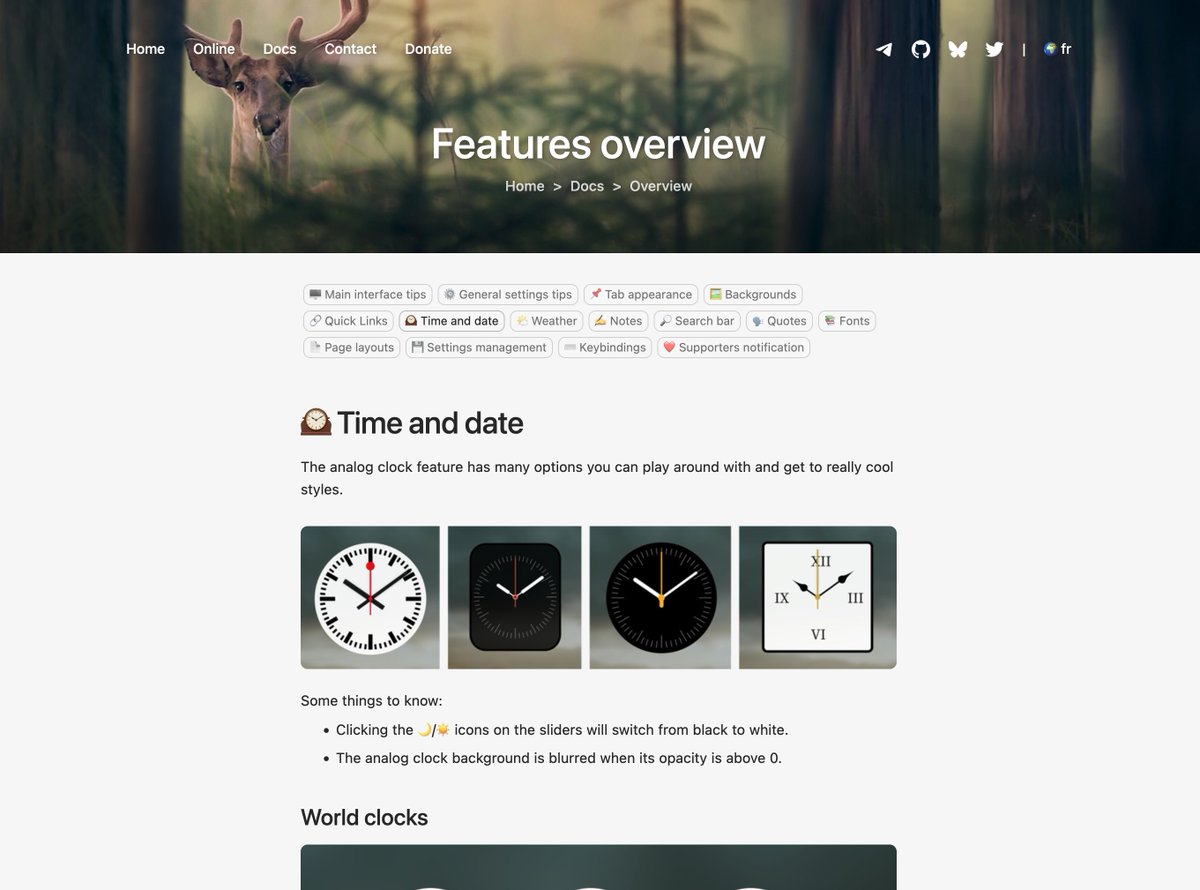 We've reworked Bonjourr’s documentation, clearer guides, more illustrations, and now video tutorials! 🚀

If there's anything you've struggled with in the past, let us know so we can improve even more.

Check it out 👉 bonjourr.fr/docs/overview