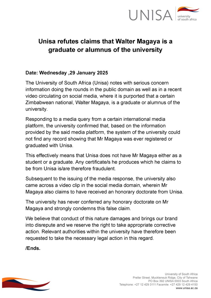 Unisa refutes claims that Walter Magaya is a graduate or alumnus of the university. ow.ly/BQyr50UPlan
