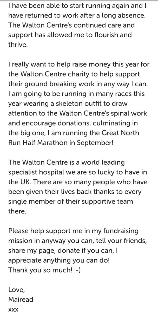 Mairead (@maireadrunning) on Twitter photo Please help me in my mission to raise money for <a href="/WaltonCentre/">The Walton Centre</a> this year where I will be racing as a skeleton😄 to draw attention to their spinal work, one area of many they specialise in!
thewaltoncentrecharity.org/Fundraisers/ma…
I'm grateful for any shares or donations, thank you!💙 Please help me in my mission to raise money for <a href="/WaltonCentre/">The Walton Centre</a> this year where I will be racing as a skeleton😄 to draw attention to their spinal work, one area of many they specialise in!
thewaltoncentrecharity.org/Fundraisers/ma…
I'm grateful for any shares or donations, thank you!💙
