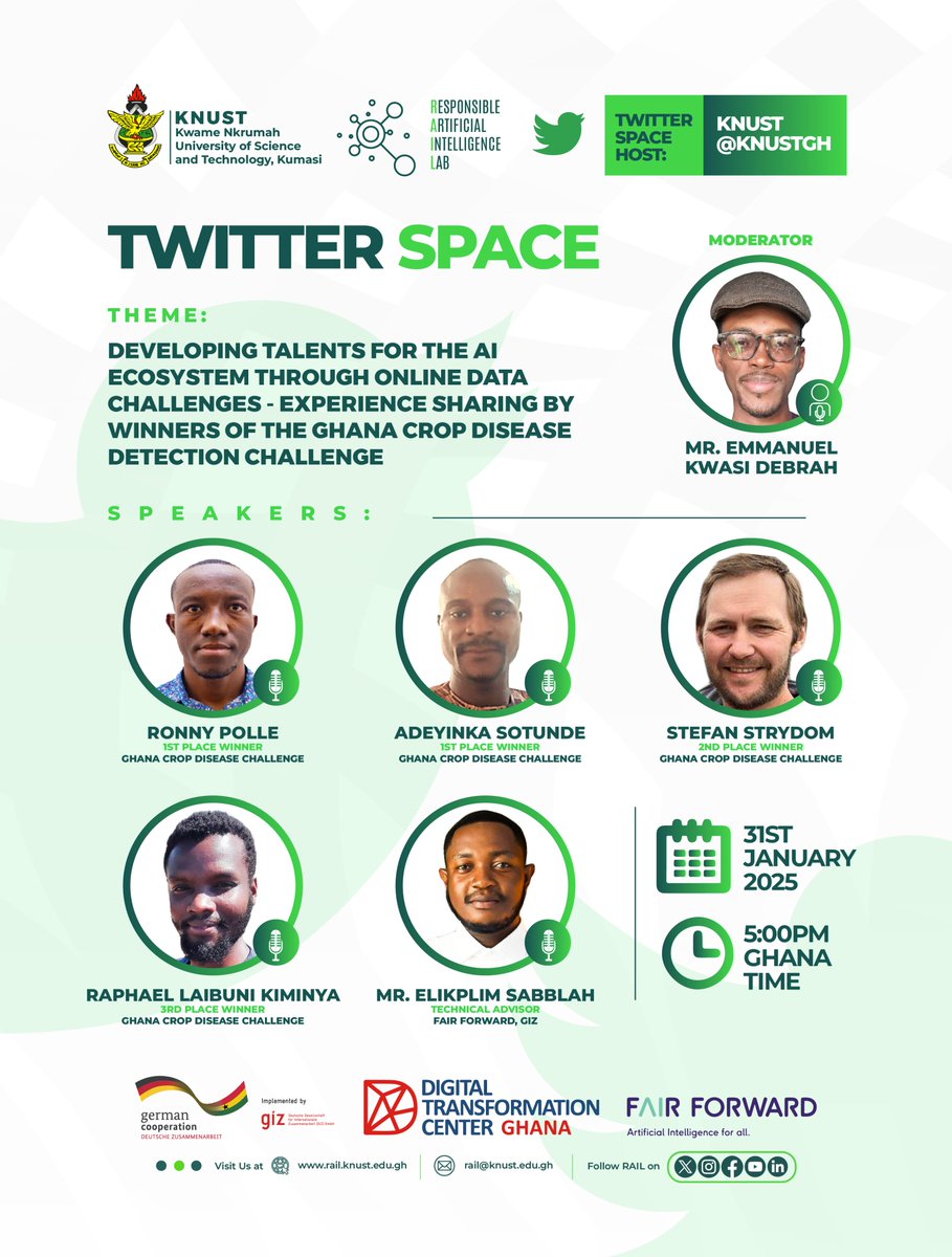 🎉 Celebrating the Winners of the Ghana Crop Disease Detection Challenge! 

🏆 1st Place: Ronny Polle &amp; Adeyinka Sotunde
 🥈 2nd Place: Stefan Strydom
 🥉 3rd Place: Raphael Laibuni Kiminya

Join us for an engaging X (Twitter) Space on 31st January 2025 at 5:00 PM (GMT)