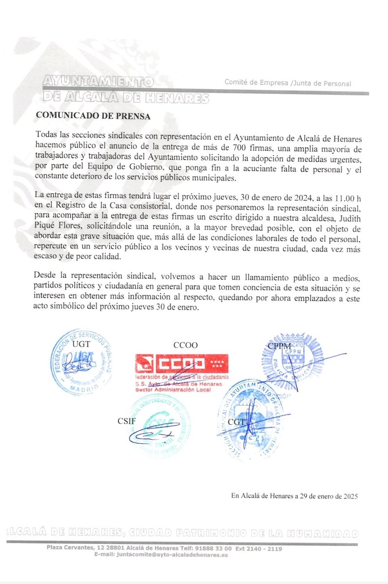 Comunicado de prensa del Comité/Junta de Personal firmado por todos los sindicatos representados en al Ayuntamiento de Alcalá de Henares