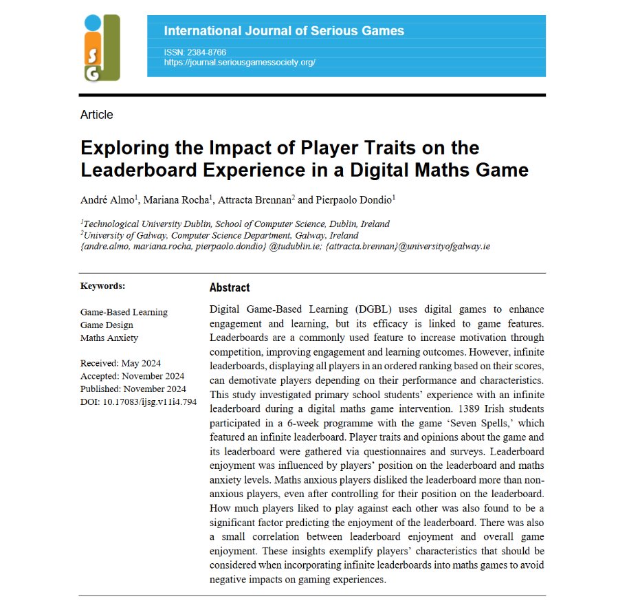 HappyMathsIE's tweet photo. 🎮 New research from the Happy Maths project has been published in the International Journal of Serious Games! 

We explored how primary school students experienced an infinite leaderboard while playing one of our digital maths games, 'Seven Spells'. 🧵👇 

#GameBasedLearning https://t.co/rp8wVD0PCs