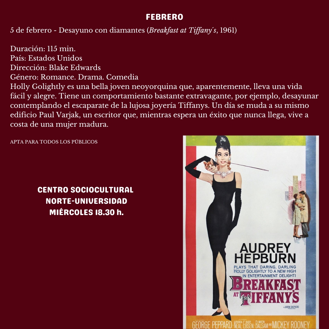 Mañana proyectamos "Desayuno con diamantes" a las 18:30 horas en CSC Norte-Universidad, dentro del ciclo Filmoteca y en versión original subtitulada #mostoles #cultura #cine #Filmoteca