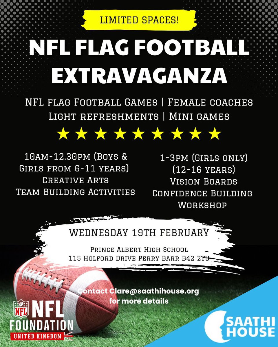 Join us for an incredible day of NFL Flag Football Games ⭐ 

✨ Morning Session (10AM - 12:30PM)
👦🏽👧🏽 Boys &amp; Girls (Ages 6-11)
🎨 Creative Arts &amp; Team Building Activities

✨ Afternoon Session (1 - 3PM)
👧🏽 Girls Only (Ages 12-16)
📝 Vision Boards &amp; Confidence-Building Workshop