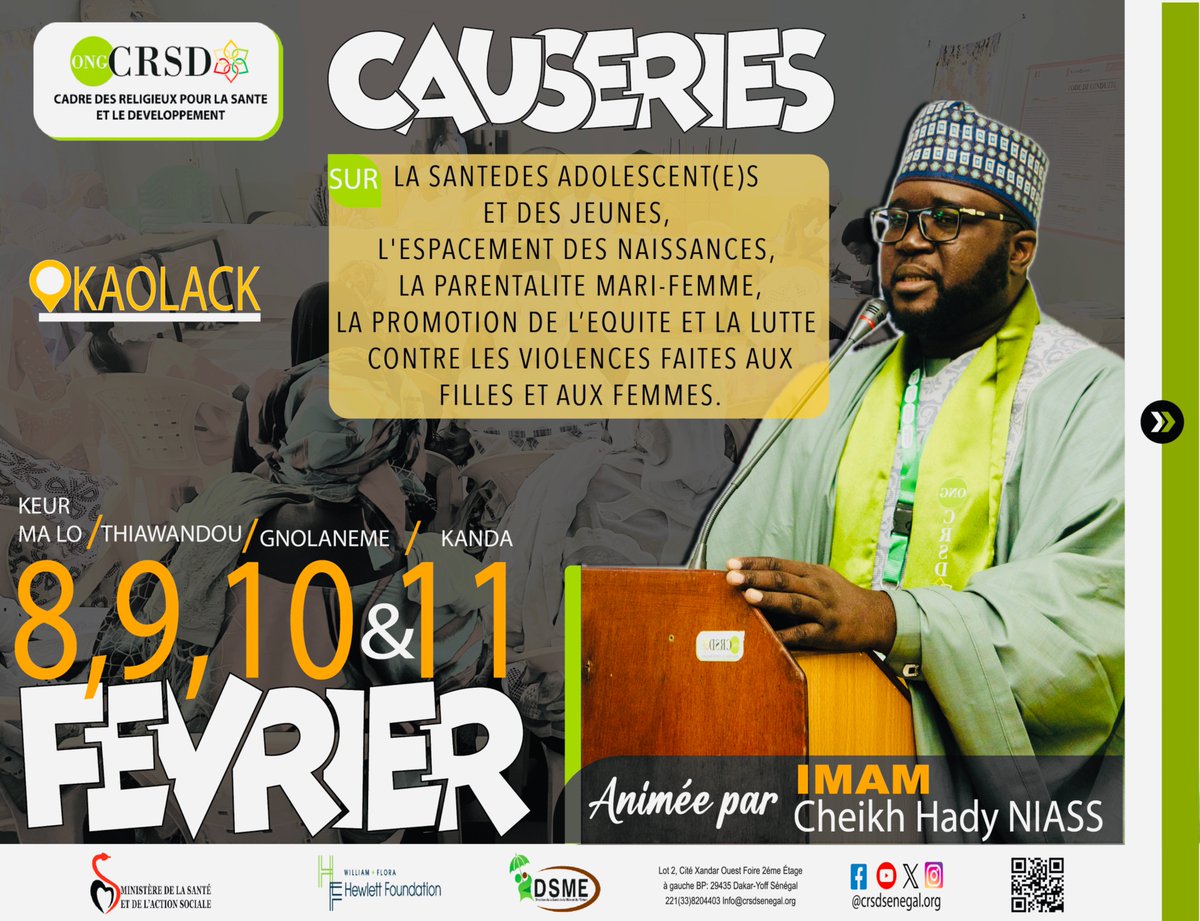 OngcrsdSenegal's tweet photo. Ensemble, faisons entendre nos voix et agissons pour un monde plus équitable et sûr! 
#causeries sur
-LA SANTE DES ADOLESCENT(E)S ET DES JEUNES,
-L'ESPACEMENT DES NAISSANCES,
-LA PARENTALITE MARI-FEMME,
-LA PROMOTION DE L'EQUITE
ET LA LUTTE CONTRE LES VIOLENCES FAITES AUX FILLES ET AUX FEMMES.
#santédesjeunes #équité #Luttecontrelesviolences #PlanificationFamiliale #parentalite
@santegouv_sn 
@DSMESENEGAL 
@Hewlett_Found