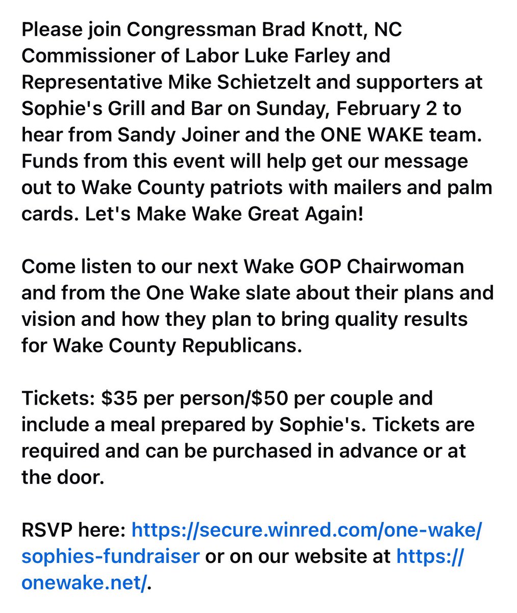 onewakecounty's tweet photo. Join Congressman Brad Knott, Commissioner of Labor Luke Farley, Rep. Mike Schietzelt and supporters at Sophie's on Sunday, Feb. 2 to hear Sandy Joiner and the ONE WAKE team discuss their plans! 

RSVP: https://t.co/xPMRFsJJyp or on our website at https://t.co/wKBehzCdaL.

#ncpol https://t.co/IaeQTjWdLu