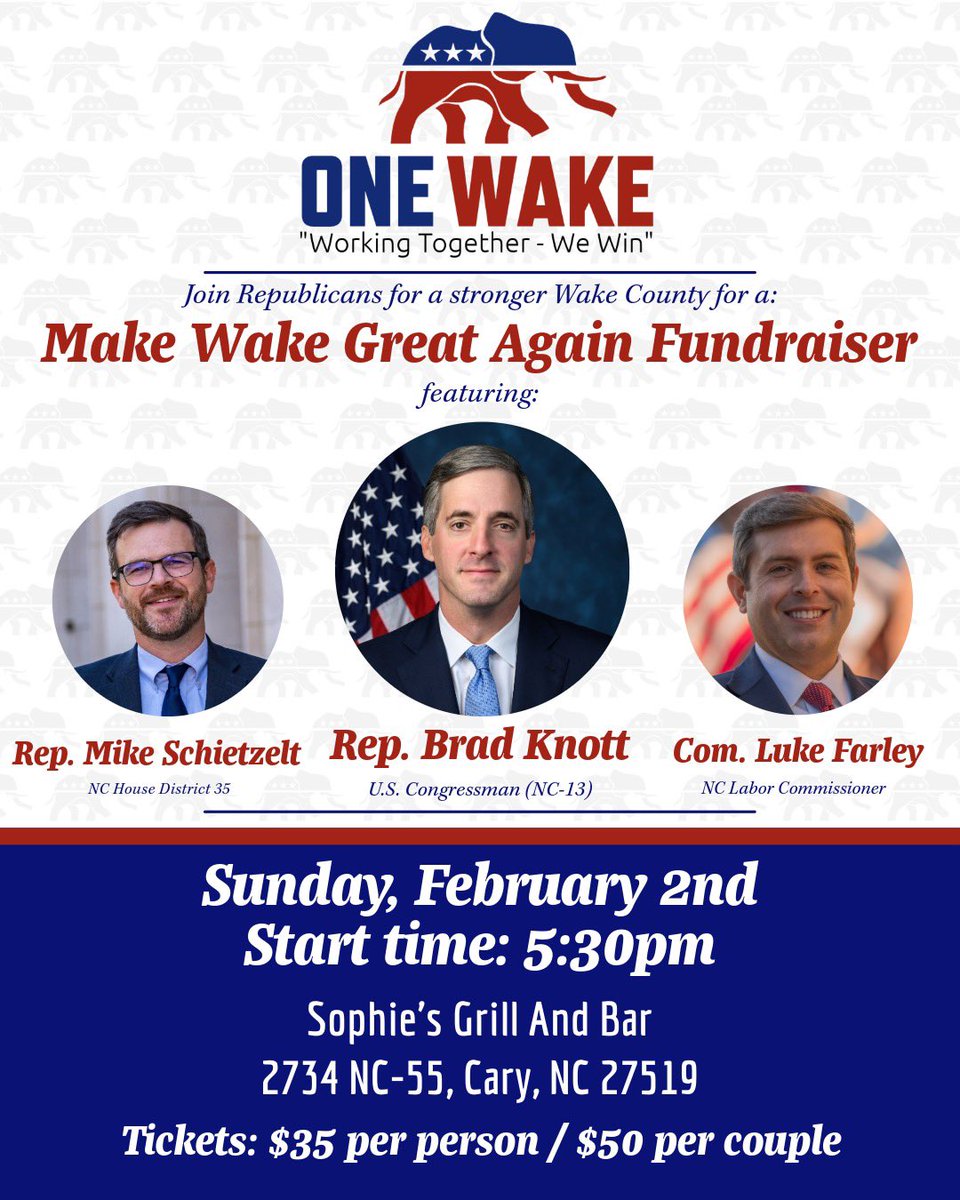 onewakecounty's tweet photo. Join Congressman Brad Knott, Commissioner of Labor Luke Farley, Rep. Mike Schietzelt and supporters at Sophie's on Sunday, Feb. 2 to hear Sandy Joiner and the ONE WAKE team discuss their plans! 

RSVP: https://t.co/xPMRFsJJyp or on our website at https://t.co/wKBehzCdaL.

#ncpol https://t.co/IaeQTjWdLu
