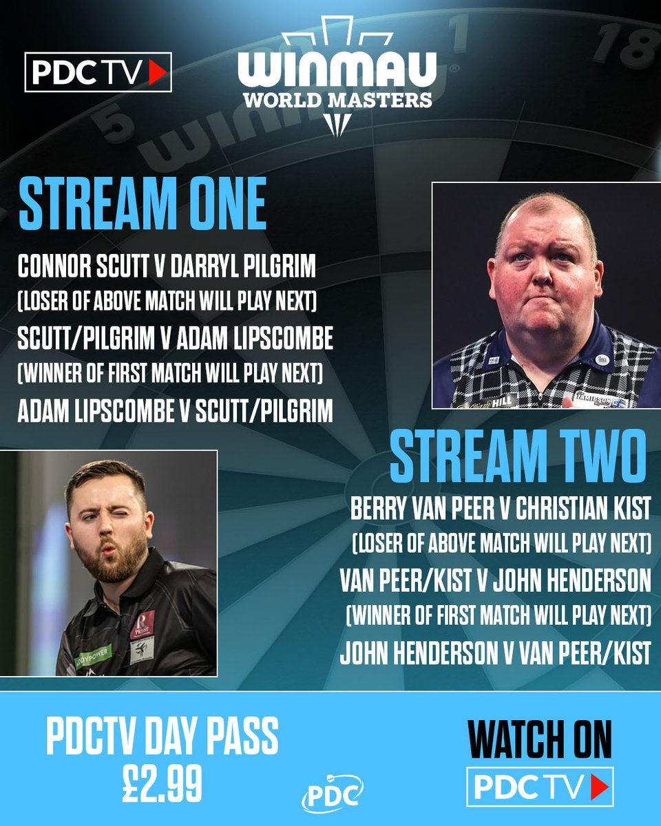 Confirmation of the round robin matches selected for live streaming in the Winmau World Masters Preliminary Rounds!

👉 bit.ly/PDCTVLive