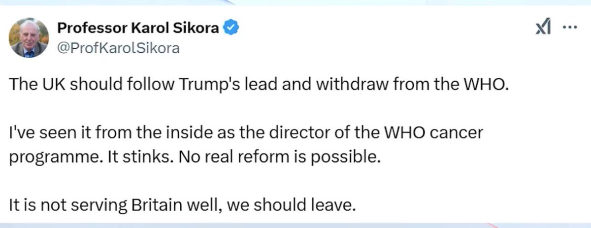 BGatesIsaPyscho's tweet photo. Former World Health Organisation Director Professor Karol Sikora calls for the UK to leave The WHO - stating the organisation stinks & doesn’t serves Britains interests.
The Globalist Narrative is completely collapsing. https://t.co/cKr4wIxYSH