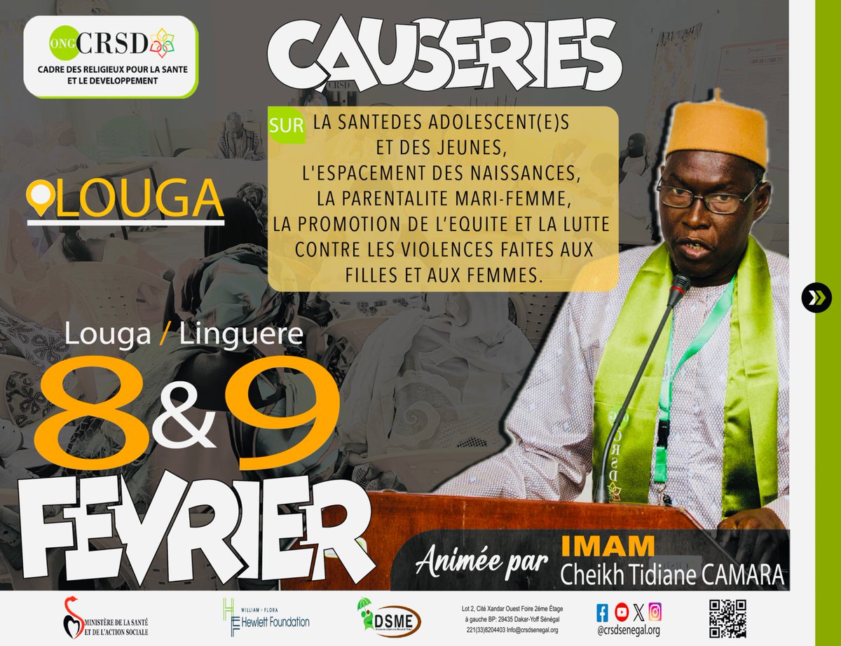 OngcrsdSenegal's tweet photo. Ensemble, faisons entendre nos voix et agissons pour un monde plus équitable et sûr! 
#causeries sur
-LA SANTE DES ADOLESCENT(E)S ET DES JEUNES,
-L'ESPACEMENT DES NAISSANCES,
-LA PARENTALITE MARI-FEMME,
-LA PROMOTION DE L'EQUITE
ET LA LUTTE CONTRE LES VIOLENCES FAITES AUX FILLES ET AUX FEMMES.
#santédesjeunes #équité #Luttecontrelesviolences #PlanificationFamiliale #parentalite
@santegouv_sn 
@DSMESENEGAL 
@Hewlett_Found