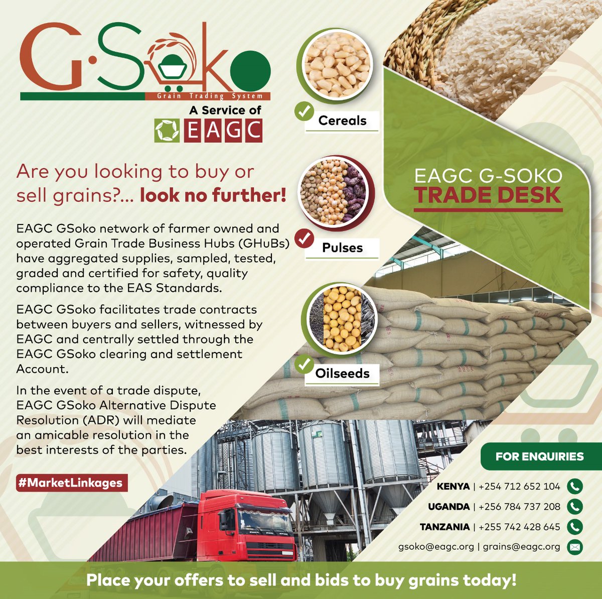 EAGrainCouncil's tweet photo. Explore our #TradeFacilitation service!

The G-Soko Trade Desk is your go-to platform for grain trade, connecting buyers &amp; sellers in the region. It comprises a network of farmer-owned &amp; operated GHubs.

Looking to buy or sell grain? Let us facilitate a trade contract 👇👇 https://t.co/n7EiWLZDBo