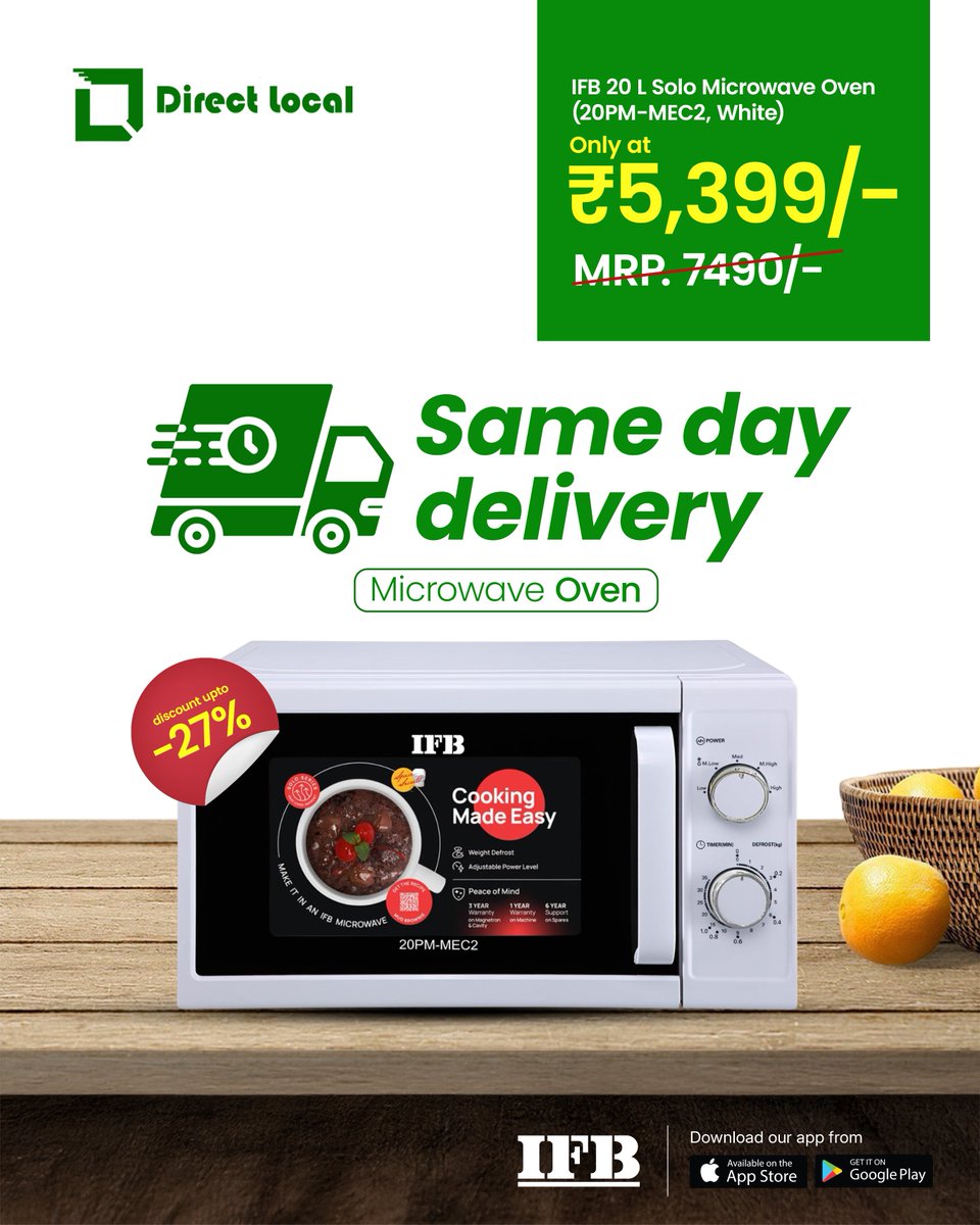 directlocalnow's tweet photo. 🚚💨 Get the IFB 20L Solo Microwave Oven for just ₹5,399/- (MRP ₹7,490) with 27% OFF! 🔥

✅ Same Day Delivery in #Chandigarh!
🍽️ Cook with ease, order now!

#DirectLocal #SameDayDelivery #ChandigarhDeals #IFBMicrowave #KitchenEssentials #ShopLocal https://t.co/LKyUwcTKOp