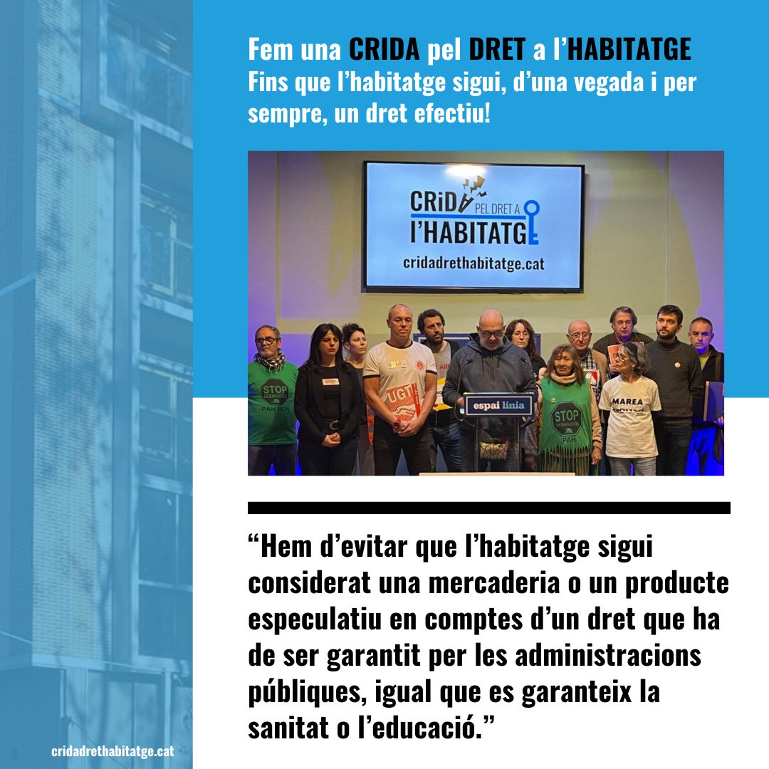 🔵🏘️ #HABITATGE | Avui entitats veïnals, socials, sindicals i del moviment per l’habitatge fem un pas endavant per exigir solucions i garantir el dret a un habitatge digne al conjunt de la societat.

Donem el tret de sortida a la campanya cridadrethabitatge.cat

⬆️✊ Sumat'hi!