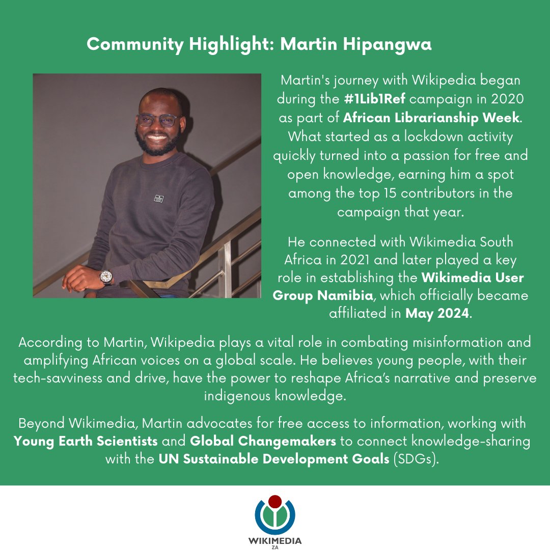 Wikimedia_ZA's tweet photo. This month, we shine a spotlight on Martin Hipangwa, a Wikimedia chapter member making meaningful impact both within the movement and his community. We are proud to celebrate his contributions to the Wikipedia movement 🎉

#WikimediaSouthAfrica #CommunityHighlights https://t.co/ZNQhz93Apz