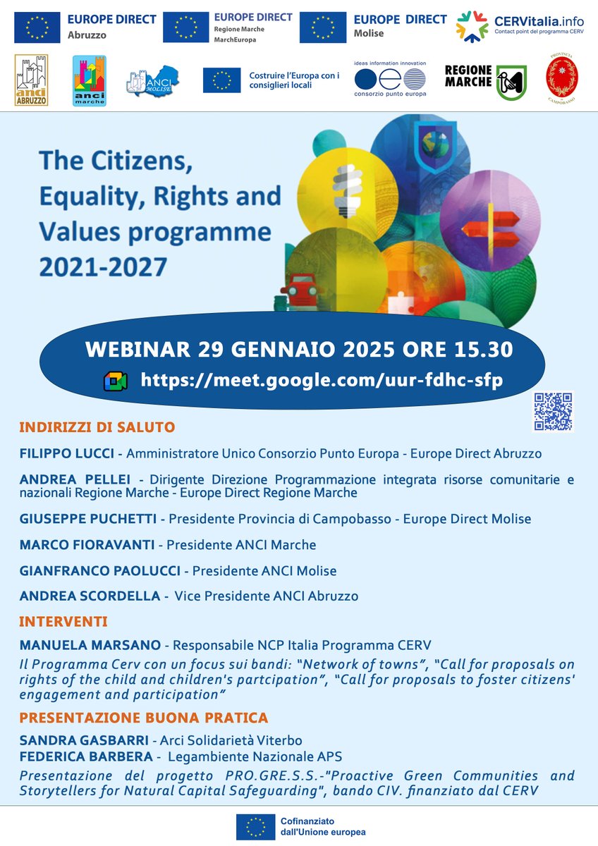 Vi ricordo l'appuntamento alle 15.30 con il Webinar sul Programma CERV - Citizens, Equality, Rights and Values”, finalizzato a presentare il Programma CERV, con focus sulle call attualmente aperte!