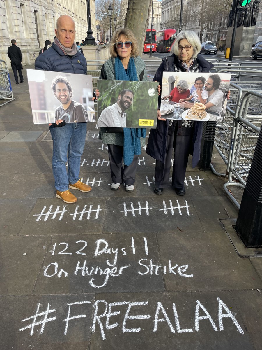 Free Alaa (@freedomforalaa) on Twitter photo Laila and Peter were joined by <a href="/AgnesCallamard/">Agnes Callamard</a>, Secretary General of <a href="/amnesty/">Amnesty International</a>, and actor <a href="/khalidabdalla/">Khalid Abdalla</a>, as Laila marks 4 months of her hunger strike today - 122 days.
122 days ago Alaa's unjust sentence ended, as the UK government stated publicly for the first time yesterday, Laila and Peter were joined by <a href="/AgnesCallamard/">Agnes Callamard</a>, Secretary General of <a href="/amnesty/">Amnesty International</a>, and actor <a href="/khalidabdalla/">Khalid Abdalla</a>, as Laila marks 4 months of her hunger strike today - 122 days.
122 days ago Alaa's unjust sentence ended, as the UK government stated publicly for the first time yesterday,