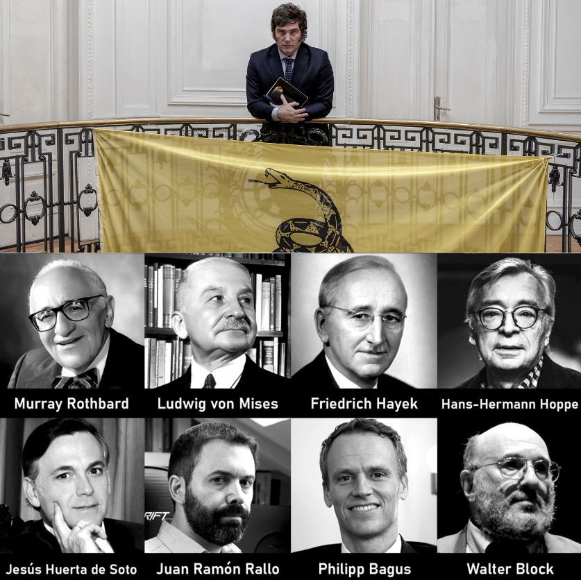 nnairob's tweet photo. Arjantin başkanı Javier Milei, kendisine en büyük ilham kaynağı olan isimleri açıkladı:

1) Murray Rothbard 
2) Ludwig von Mises
3) Friedrich Hayek
4) Hans-Hermann Hoppe 
5) Jesús Huerta de Soto
6) Juan Ramón Rallo
7) Philipp Bagus
8) Walter Block https://t.co/THzCxogfpz