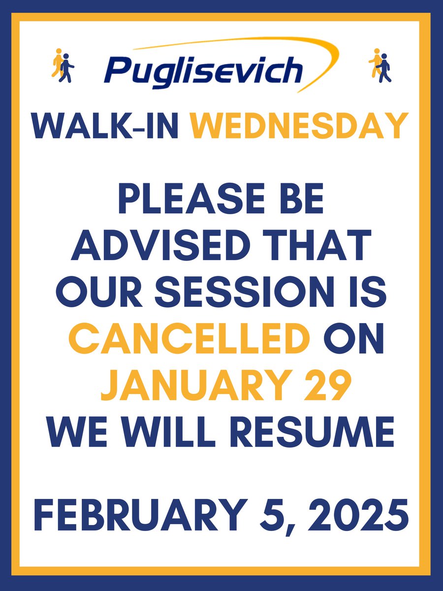 PLEASE BE ADVISED THAT OUR WALK-IN WEDNESDAY SESSION IS CANCELLED TODAY JANUARY 29th

WE WILL RESUME FEBRUARY 5th