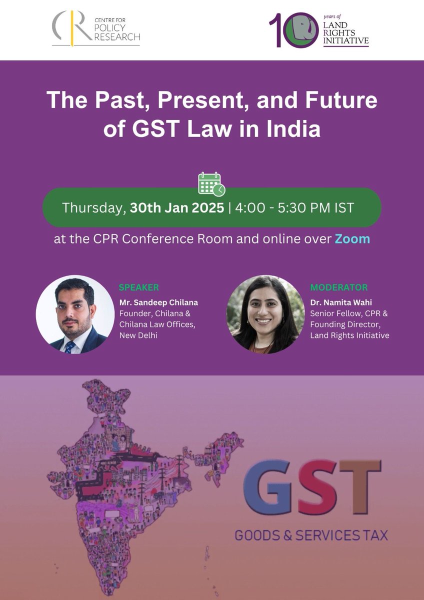 CPR_India's tweet image. Join us tomorrow at 4 PM for an @LRI_India talk on &apos;The Past, Present, and Future of GST Law in India&apos; by @sandeep_chilana.   

This talk will be moderated by @NamitaWahi (Founding Director, LRI). 
#10yearsofLRI   

More Details Below    

Register: cprindia.org/events/the-pas…