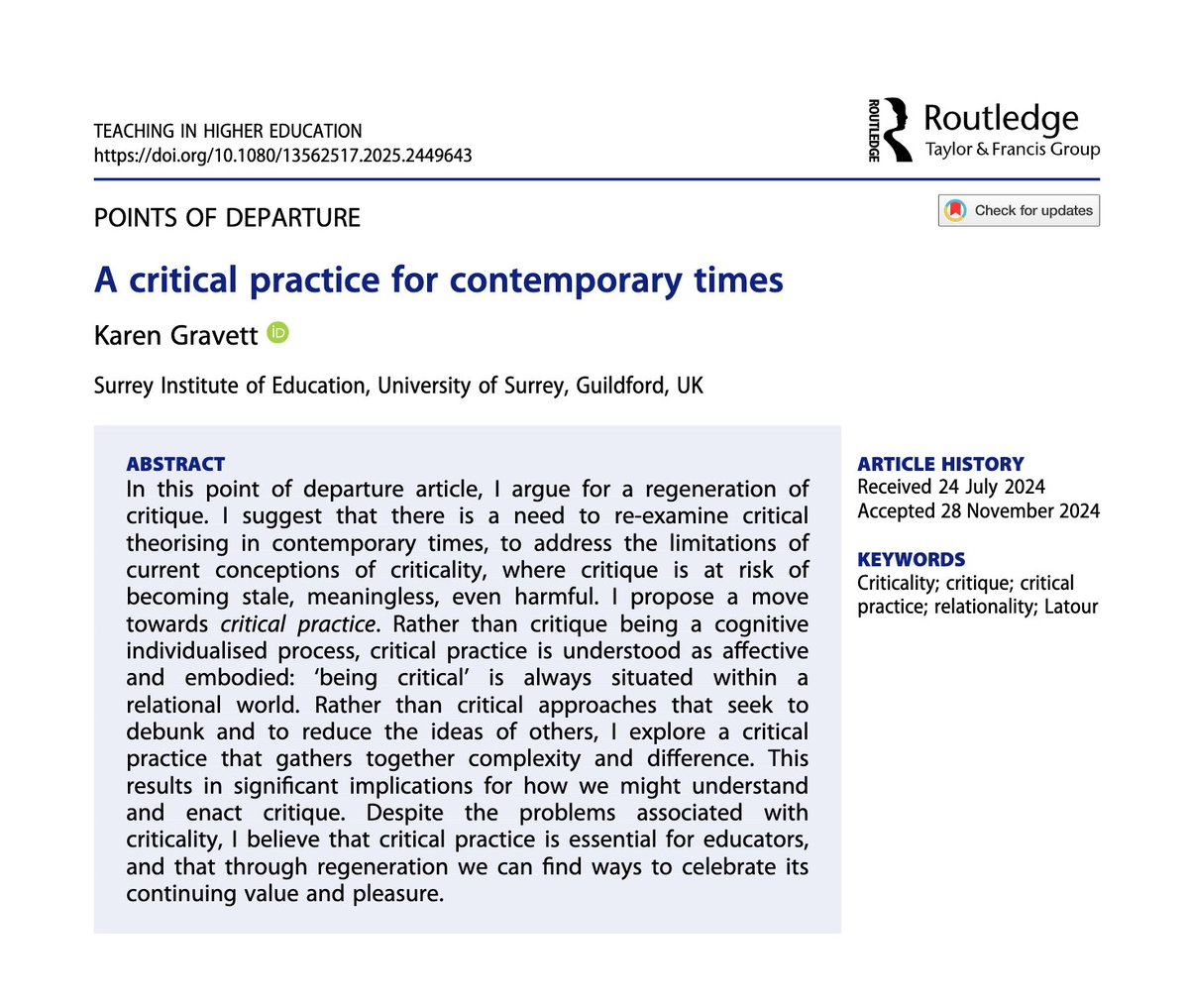 TeachinginHE's tweet photo. New publication alert! 🚨
A critical practice for contemporary times
Points of Departure paper by Karen Gravett
https://t.co/0IzgjuALm1
#HigherEd #CriticalPractice https://t.co/xx2Q2NuTCx
