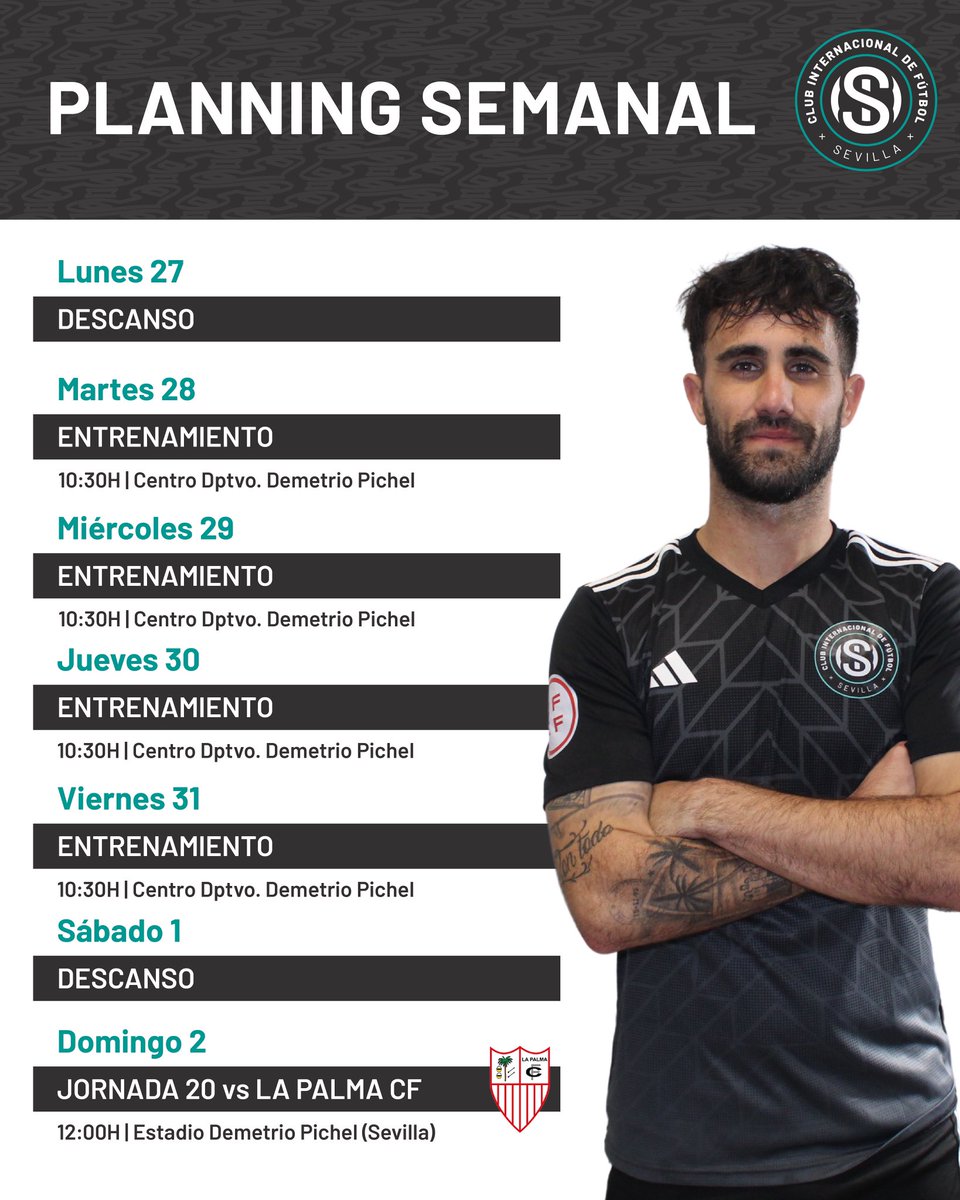 💪🏽 𝐏𝐋𝐀𝐍𝐍𝐈𝐍𝐆 𝐒𝐄𝐌𝐀𝐍𝐀𝐋 ⚫️

🔋 Ecuador de la semana, rumbo a la jornada 2️⃣0️⃣

#InterSevilla #TerceraFederación #EsenciaSevilla