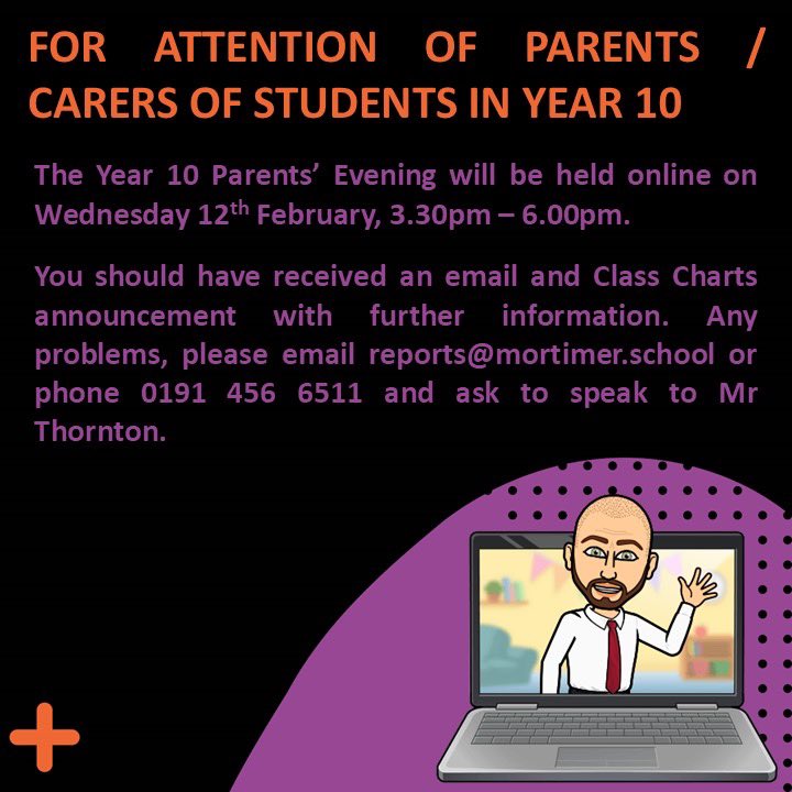 MortimerCC's tweet image. 💜💜 YEAR 10 PARENTS’ EVENING! 💜💜
 
🗓️ Wednesday 12th February 

🕥 3:30-6:00pm 
 
🔗 For more information, please refer to the ClassCharts announcement.
 
💜 We look forward to speaking with you in February! 💜

#TeamMortimer #keepingintouch #support