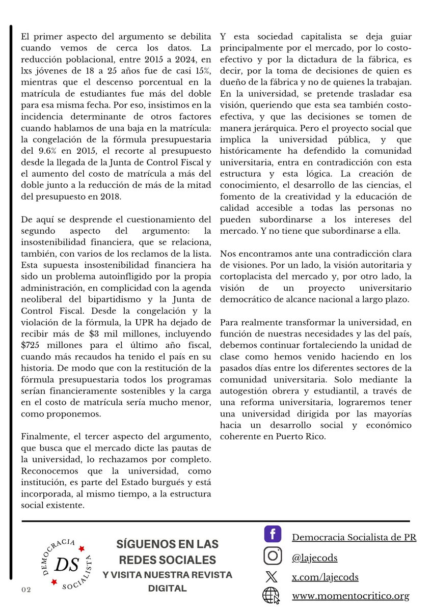 Boletín de la Juventud Ecosocialista que se repartirá hoy en manifestación multisectorial de la UPR: Ni un paso atrás  - por una universidad democrática y autónoma.