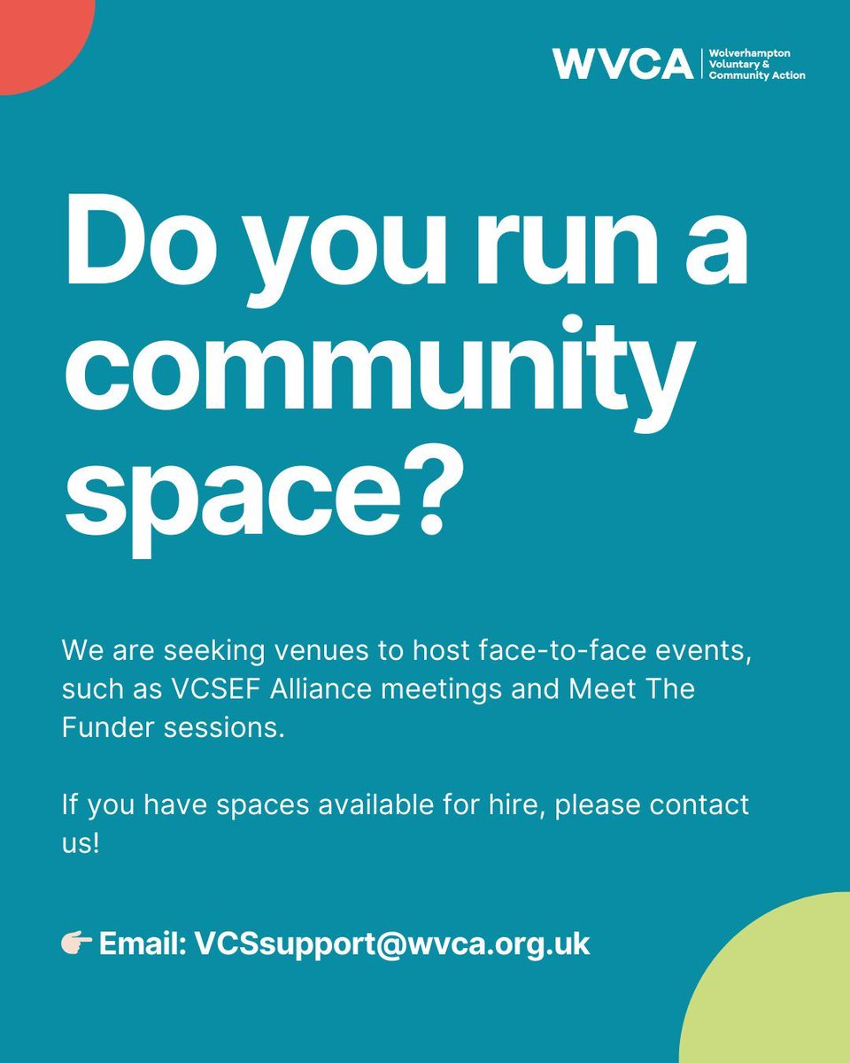 📢 Do you run a community space?

We are seeking venues to host face-to-face events, such as VCSEF Alliance meetings and Meet The Funder sessions.

If you have spaces available for hire, please contact us!

👉🏻 Email: VCSsupport@wvca.org.uk.