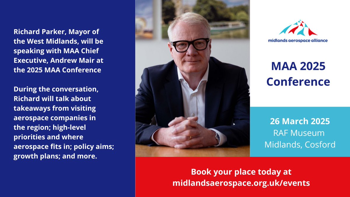 We’re delighted to announce Richard Parker, Mayor of the West Midlands, will be speaking with MAA Chief Executive, Andrew Mair at our conference on 26th March, about his high-level priorities and where #aerospace fits; policy aims; growth plans; and more: midlandsaerospace.org.uk/events/confere…