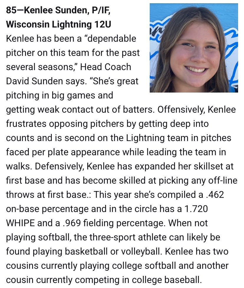 Wisconsin Lightning 2030 (@2030lightning) on Twitter photo Congratulations <a href="/KenleeSunden/">Kenlee Sunden 2030</a> on making the <a href="/LineDsoftball/">Line Drive Media</a> HOT 100 Player Rankings for the 2030 graduating class, coming in at #85. <a href="/WI_LightningSB/">WI Lightning SB</a> Congratulations <a href="/KenleeSunden/">Kenlee Sunden 2030</a> on making the <a href="/LineDsoftball/">Line Drive Media</a> HOT 100 Player Rankings for the 2030 graduating class, coming in at #85. <a href="/WI_LightningSB/">WI Lightning SB</a>