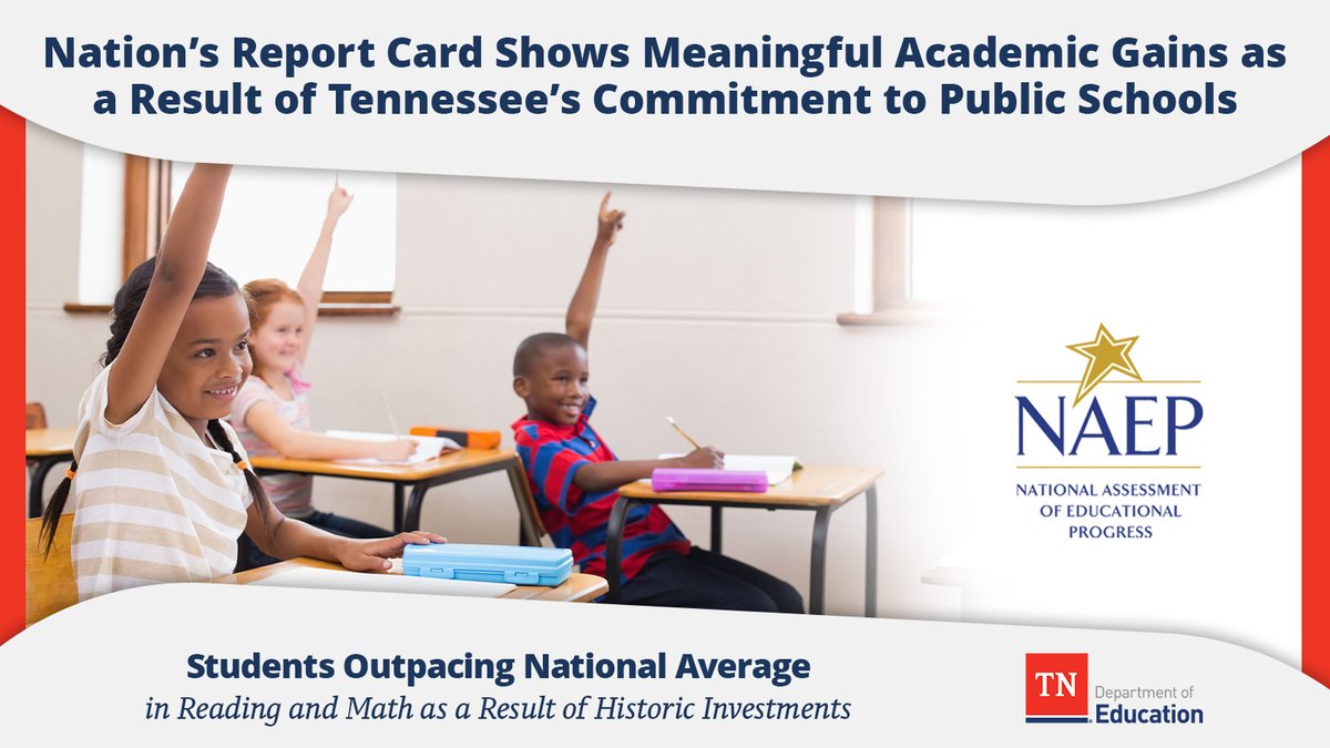 Today's 2024 Nation's Report Card release from the National Assessment for Educational Progress shows meaningful academic gains for TN, highlighting our state's unwavering commitment to public schools &amp; scores that outpace the nation in reading &amp; math. tn.gov/education/news…