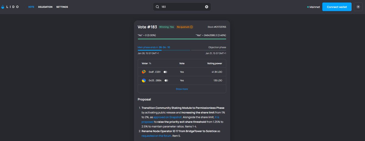 Following a successful snapshot vote, <a href="/LidoFinance/">Lido</a> DAO is now voting on the on-chain action to finally make the Community Staking Module fully permissionless and double its possible stake share from 1% to 2%. Soon, ANYONE will be able to use the Lido protocol to run a validator!
