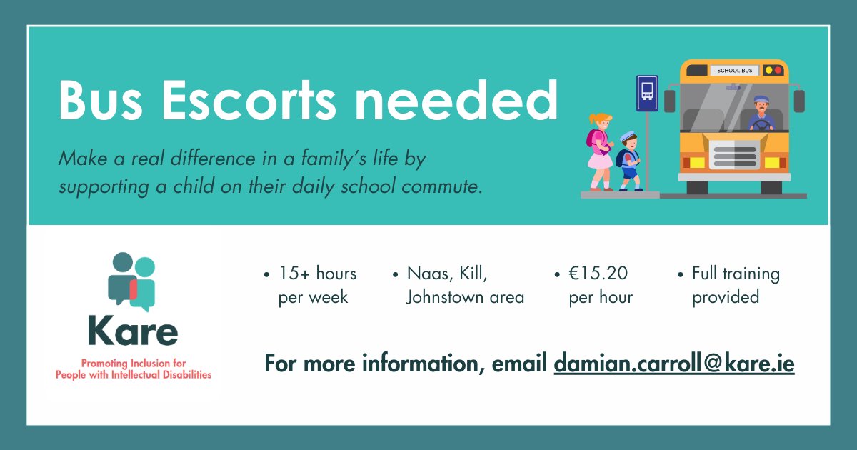 Kare (@kare_irl) on Twitter photo 🚏🚍We're looking for Bus Escorts in the Naas area to support children on their journey to and from school each day.
For more information, contact damian.carroll@kare.ie
#JobFairy 🚏🚍We're looking for Bus Escorts in the Naas area to support children on their journey to and from school each day.
For more information, contact damian.carroll@kare.ie
#JobFairy
