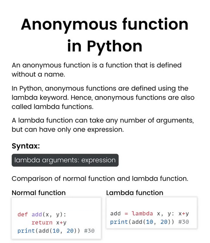 PythonDvz's tweet photo. Anonymous function in Python

#python #programming #developer #programmer #coding #coder #softwaredeveloper #computerscience #webdev #webdeveloper #webdevelopment #pythonprogramming #pythonquiz #ai #ml #machinelearning #datascience https://t.co/Xiw7cYD1r3