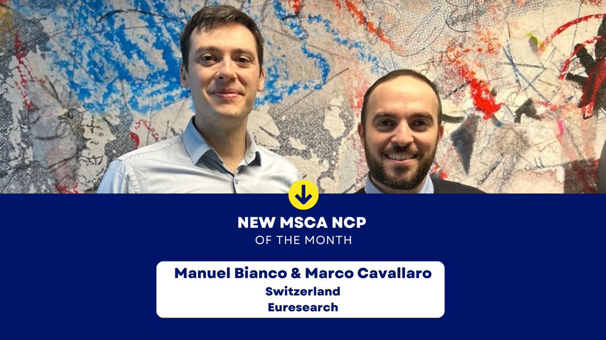 MSCA-NET (@mscanetwork) on Twitter photo *New NCP of the Month*
<a href="/Manue1Bianc0/">Manuel Bianco</a> & <a href="/CavallaroMarco1/">Marco Cavallaro</a> are 2⃣ new MSCA NCPs @Euresearch supporting 🇨🇭Swiss based institutions to apply for #MSCA funding. They join in an exciting time when Swiss entities can again apply as beneficiaries🙌! <a href="/MSCActions/">Marie Skłodowska-Curie Actions</a> <a href="/REA_research/">European Research Executive Agency</a> *New NCP of the Month*
<a href="/Manue1Bianc0/">Manuel Bianco</a> & <a href="/CavallaroMarco1/">Marco Cavallaro</a> are 2⃣ new MSCA NCPs @Euresearch supporting 🇨🇭Swiss based institutions to apply for #MSCA funding. They join in an exciting time when Swiss entities can again apply as beneficiaries🙌! <a href="/MSCActions/">Marie Skłodowska-Curie Actions</a> <a href="/REA_research/">European Research Executive Agency</a>
