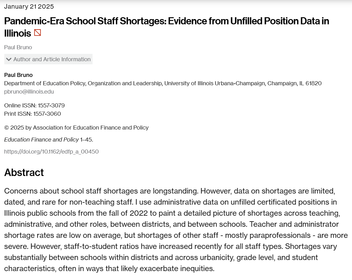 Paul__Bruno's tweet image. New from me in @EFPJournal: Pandemic-Era School Staff Shortages: Evidence from Unfilled Position Data in Illinois
doi.org/10.1162/edfp_a…