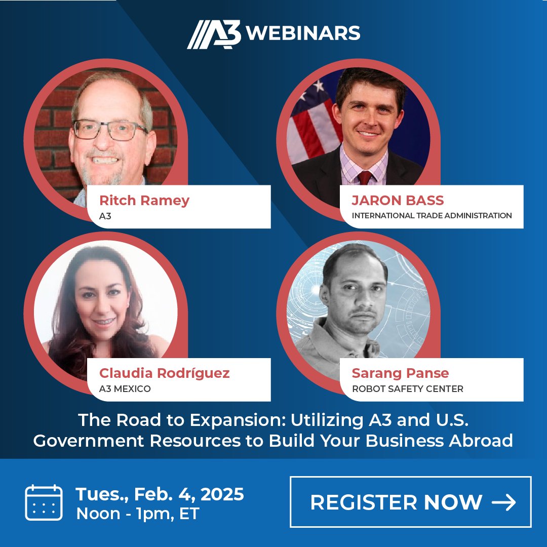 A3Robotics's tweet image. If you are U.S. automation company interested in expanding in Mexico or India, join us for this #A3Webinar on Tues., Feb 4 for strategies and resources to get you there with support from federal grant-backed initiatives. 

Presented by A3&apos;s Ritch Ramey, Jaron Bass of…