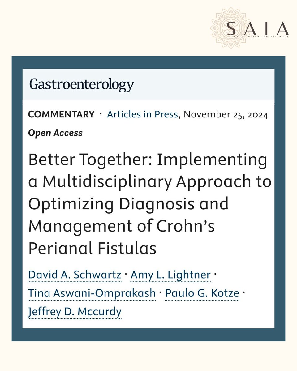 saia_gi's tweet image. **NEW Research**

Proud to have @ownyourcrohns involved in a @amergastroassn consortium on #Crohns #perianalfistula involving faculty @ibddoc09 @amylightnermd @pakotze @gi_jeffmd among many other stakeholders.

Read their best practices for management of #CPF as published in