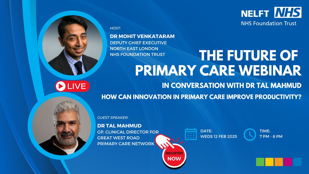 Join Dr <a href="/MohitVenkataram/">Dr Mohit Venkataram</a>  &amp;  Dr Tal Mahmud from <a href="/nhshiyos/">Hiyos</a>  for the Future of Primary Care Webinar.  'How can innovation in primary care improve productivity?’ 

Weds 12 Feb 7-8pm, on Zoom.

Register👉zurl.co/t5ie3