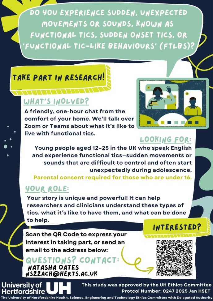tourettesaction's tweet image. A @UniofHerts study is exploring how functional tics impact daily life for young people (12–15). This research aims to amplify their voices, reduce stigma, and improve support from adults like teachers &amp;amp; doctors. buff.ly/4jsg36z 

#FunctionalTics #YouthVoices #Research