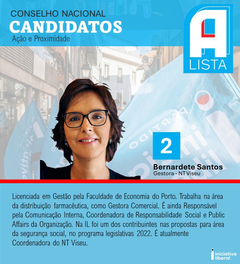 Vem Conhecer a Lista A ao CN da <a href="/LiberalPT/">Iniciativa Liberal</a> !

- Ambição pela Liberdade
- Assertividade na Sociedade
- Apoio aos Núcleos
- Agregação dos Membros
- Atitude pela Política de Ideias
- Acesso ao Conhecimento
- Ação pela Exigência e Transparência

proximidade.pt

VOTA LISTA A!