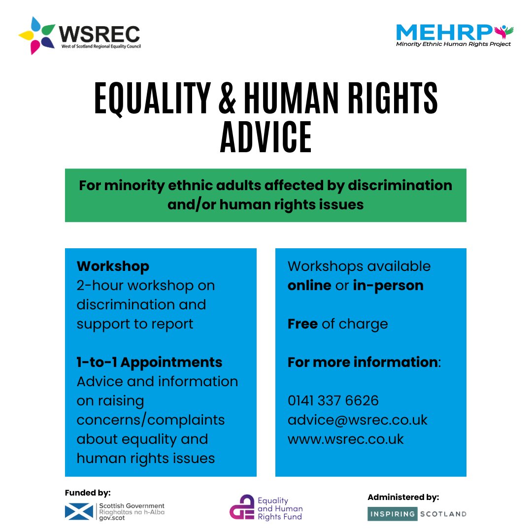 WSREC (@wsrec) on Twitter photo We are providing human rights advice for minority ethnic adults affected by discrimination and/or human rights issues.
For more information, please email advice@wsrec.co.uk or call 0141 337 6626.
<a href="/IS_EqualityHR/">Equality & Human Rights Fund</a> #wsrec We are providing human rights advice for minority ethnic adults affected by discrimination and/or human rights issues.
For more information, please email advice@wsrec.co.uk or call 0141 337 6626.
<a href="/IS_EqualityHR/">Equality & Human Rights Fund</a> #wsrec
