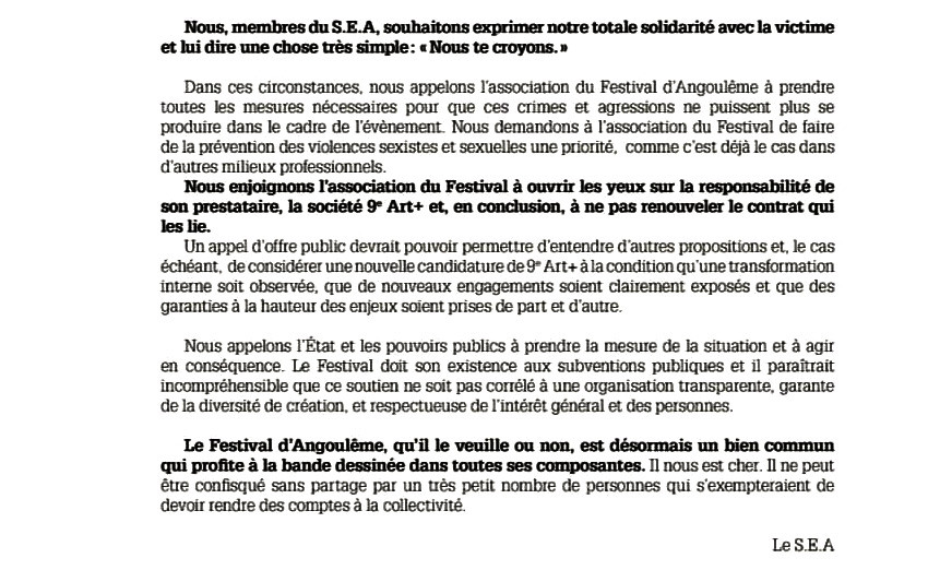 Pas une année sans scandale au festival d'Angoulême. Je me souviens de la com honteuse de Bondoux pendant l'affaire Vives, rien n'a changé depuis. Il n'y a plus rien à attendre des responsables du festival, vivement un changement en haut de l'organigramme,le festival mérite mieux